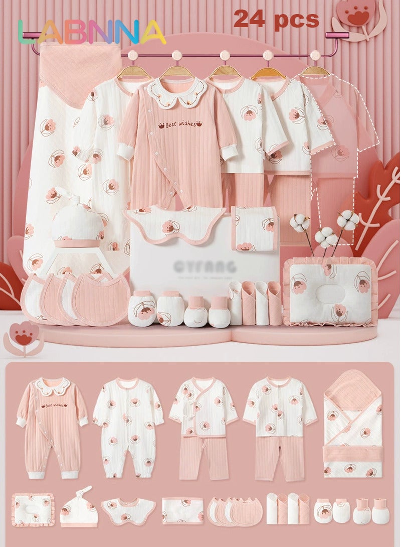 24PCS Newborn Baby Gift Set, Newborn Layette Gift Set for Boys and Girls, Babies Essential Clothes Accessories with Baby Blanket, 100% Premium Cotton, for Spring Summer Autumn Winter Four Seasons (باللغة الإنجليزية) - Image 1